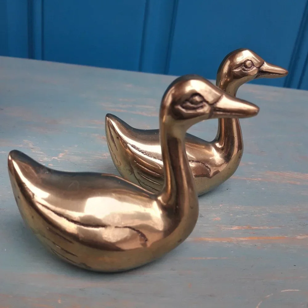 Brass Ducks Geese Set of 2 Vintage Figurine Birds Animals MCM Mid Century Gold - Picture 5 of 16